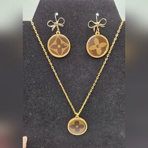 Upcycled Louis Vuitton Earrings And Necklace With Bow Charms In The Color Gold